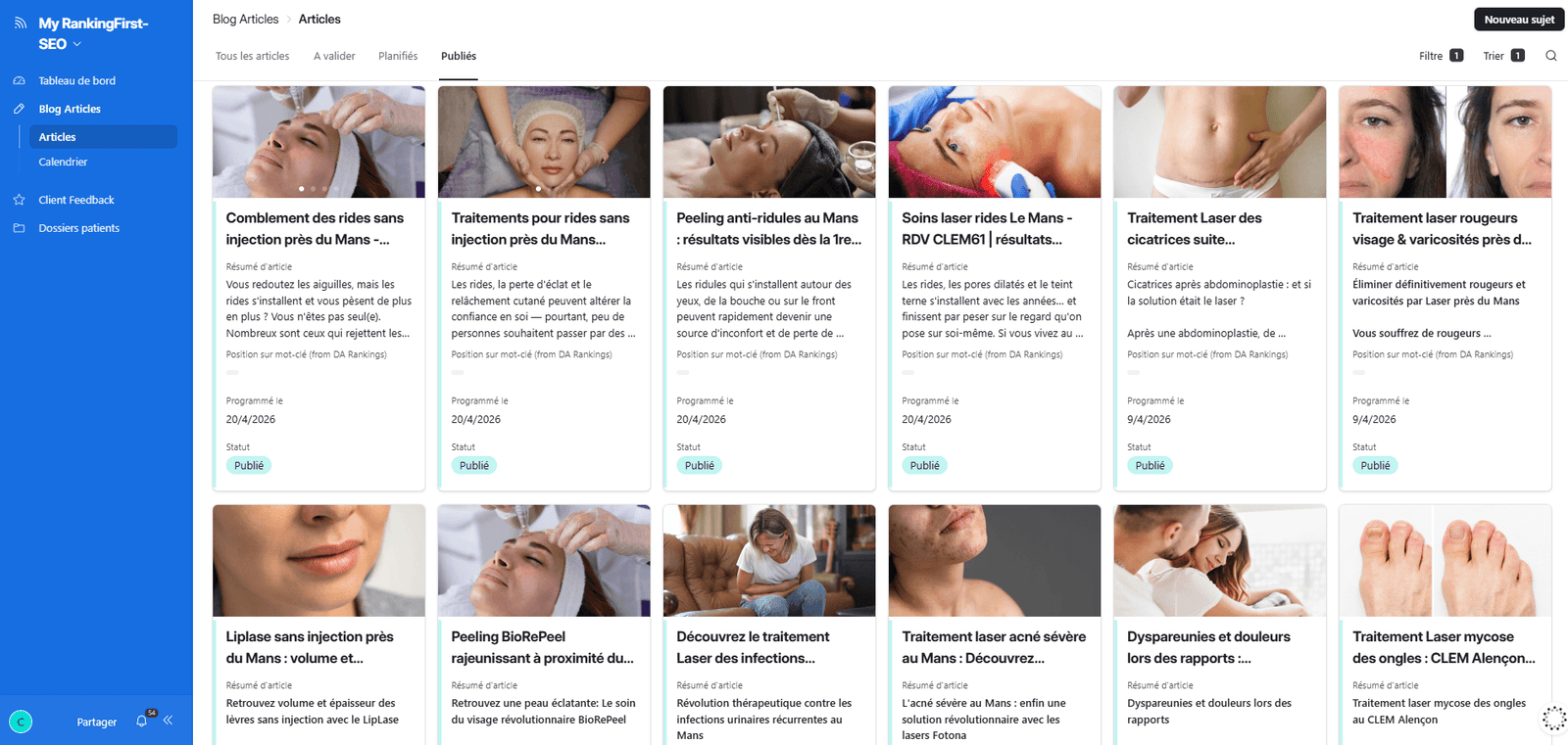 Interface My RankingFirst SEO — gestion des articles